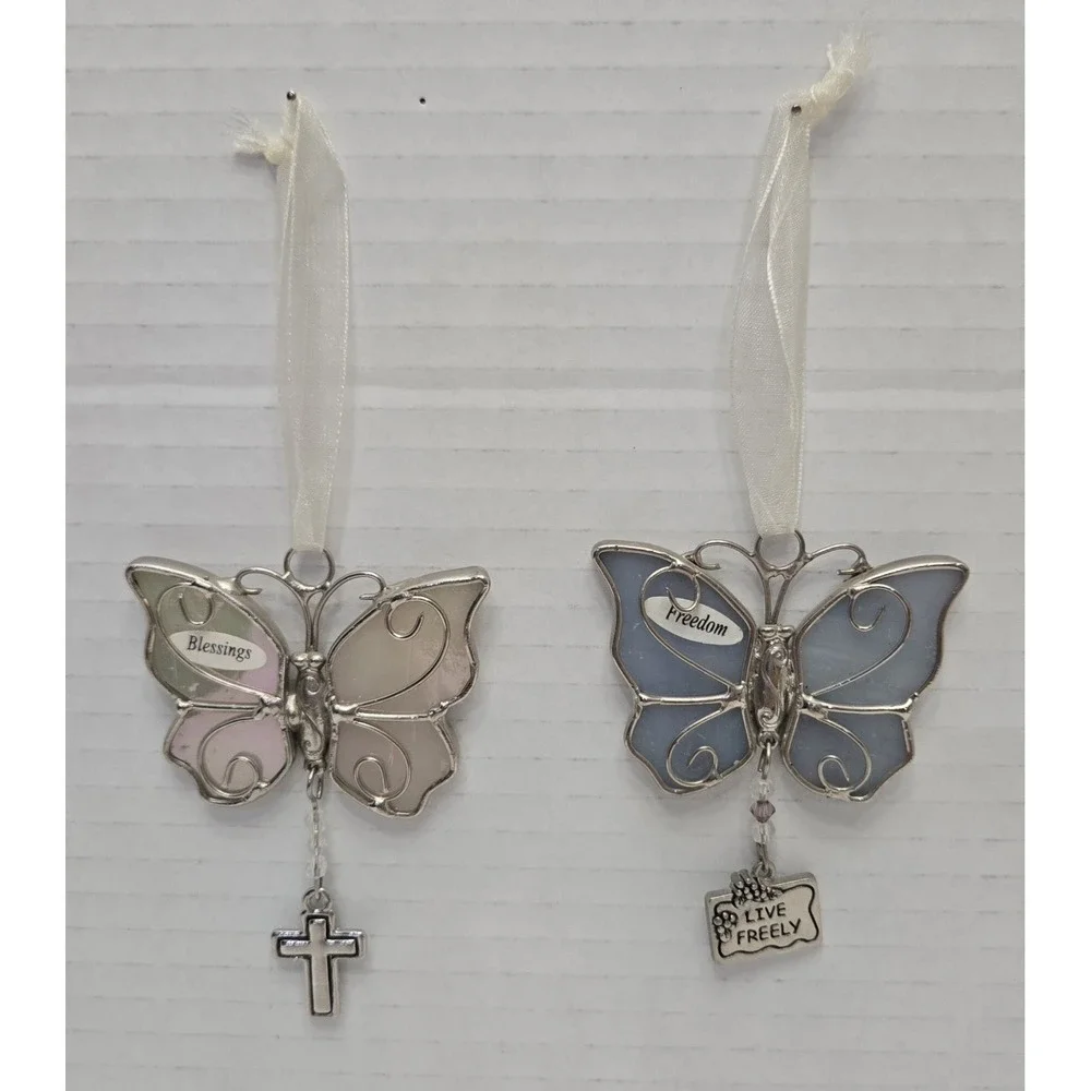 Lot of 2 Vtg Ganz Stained Glass Butterfly Ornaments Suncatcher Blessings Freedom